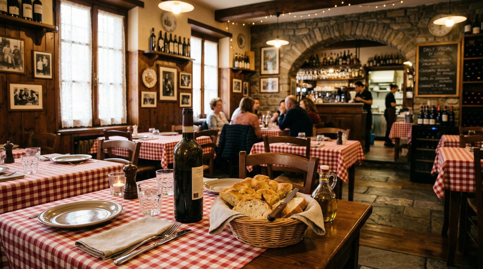 A warm, family-style Italian dining room with red-checked tablecloths and set tables