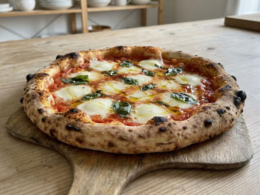 Napolitana pizza topped with fresh basil and melted fresh mozzarella